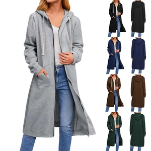 Women's long hooded zip-up cardigan sweatshirt in grey, black, navy, brown and green