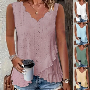Damen Sommer V-Ausschnitt Lochstickerei ärmelloses Tanktop mit Wellenkante und Volants