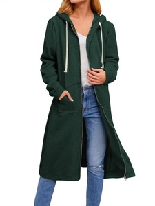 Detail of dark green oversized long zip-up hoodie with hood, drawstrings and side pockets