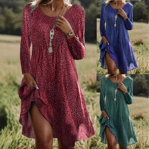 Vestido largo de lunares para mujer Manga larga Cuello redondo Elegante Cintura alta plisada Línea A Vacaciones Casual Otoño Primavera