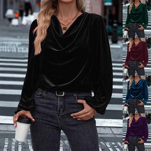 Women Cowl Neck Velvet Long Sleeve Top Elegant Loose Fit Solid Color Gold Velvet T-Shirt Autumn Winter Casual Fashion Blouse