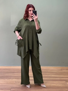 Women Casual Top And Bottom Polyester Irregular Shirt Wide Leg Pants Crinkle Texture Solid Color Long Sleeve Outfit