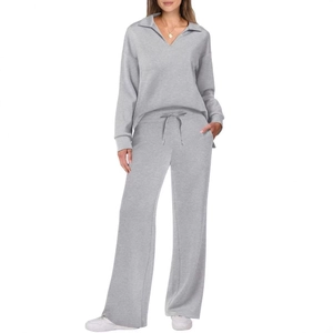 Women's 2-piece heather grey lounge set with V-neck sweatshirt and drawstring wide-leg pants