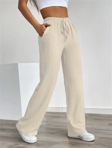 Women Waffle Texture Wide Leg Pants Elastic Waist Drawstring Casual Loose Trousers Solid Color Straight Leg Pants Pocket