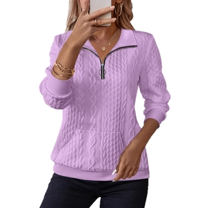 Women's light purple cable knit quarter-zip sweatshirt with stylish ring zipper and long sleeves