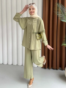 Ensemble Haut Et Pantalon Mode Pudique Pour Femme Chemise À Manches Longues Design Cape En Dentelle Et Pantalon Large