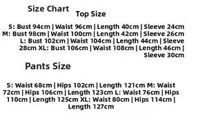 Detailed size chart for women shirt and wide leg pants set in centimeters S to XL