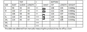 Size chart for casual print shirt and wide leg pants set including S to 2XL measurements