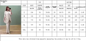 Detailed size chart for women's casual two-piece shirt and trousers set showing S-XXL dimensions