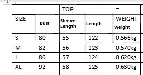 Size chart with measurements for the long sleeve knitted maxi dress in sizes S to XL
