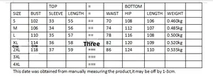 Tableau des tailles pour ensemble femme deux pièces incluant buste, taille et longueur S à 4XL