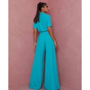 Women's teal short sleeve crop shirt and high waisted wide leg pants two-piece set