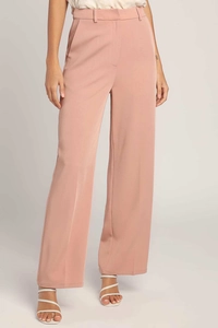Detail of high-waist wide-leg pants in dusty rose pink with smooth drape fabric