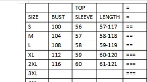 Detailed size chart for loose irregular long sleeve shirt with bust and length measurements