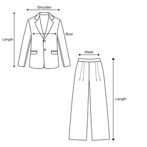 Size guide illustration showing measurement points for blazer and wide-leg pants set