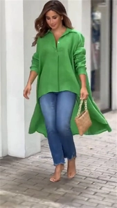 Green oversized button-up shirt with an asymmetrical high-low hem and long sleeves