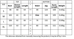 Detailed size chart for printed shirt and wide-leg pants set with exact measurements