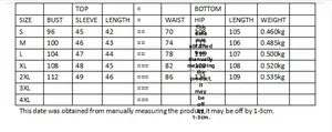 Detailed size chart for the printed crop top and high waist wide leg pants set