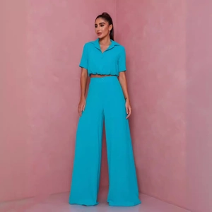 Women Casual Two-Piece Suit Lapel Short Sleeve Cropped Shirt And High Waist Wide Leg Pants Solid Color Fashion Set