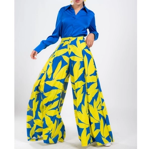 Women Elegant Royal Blue Satin Shirt And Yellow Tropical Leaf Print Wide Leg Pants Outfits Top And Bottom