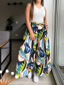 Women Casual Tropical Leaf Print Wide Leg Pants High Waist Elastic Relaxed Fit Holiday Beach Trousers Flowy Long Pants
