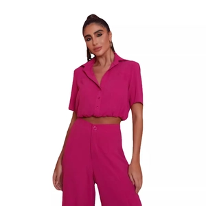 Women's 2-piece magenta crop shirt and high-waist wide-leg pants fashion casual set