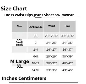 Detailed women's apparel size chart covering XXS to XL with waist and hip measurements