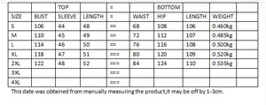 Size chart for blue loose two-piece set showing top and bottom measurements from S to 4XL