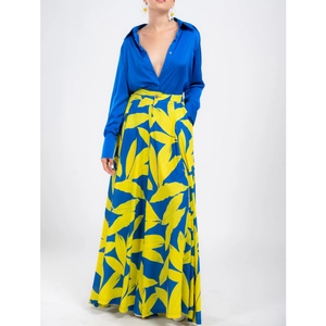 Women's royal blue button-up shirt and tropical print high-waisted maxi skirt set