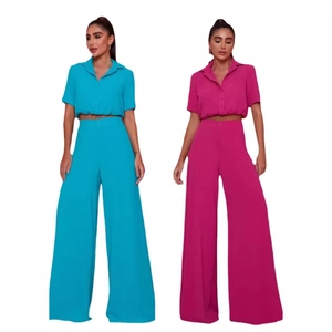 Short sleeve button crop top and high-waisted wide leg pants two-piece fashion set