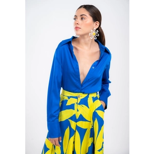 Women's blue satin long sleeve shirt and yellow floral print high waist skirt set