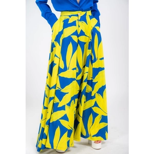 Women's floral wide-leg pants with blue and yellow tropical print in a loose fit design