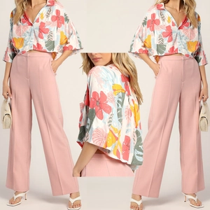 Women Casual Tropical Floral Print Short Sleeve Shirt And High Waist Wide Leg Pants Commuter Elegant Outfit