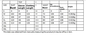 Size guide for women's printed outfit set featuring measurements from S to 4XL in cm