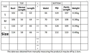 Size chart detail for printed shirt and wide-leg pants set covering S to XL measurements
