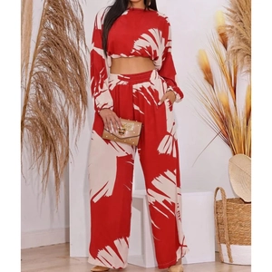 Women Tropical Leaf Print Crop Top And High Waist Wide Leg Pants Casual Vacation Outfits Round Neck Long Sleeve Clothing