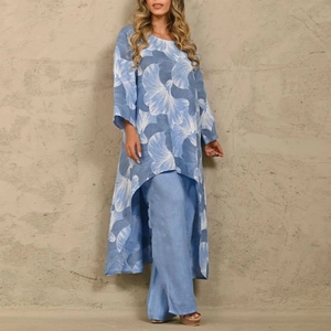 Floral print two-piece set featuring asymmetrical top and wide-leg linen pants in light blue