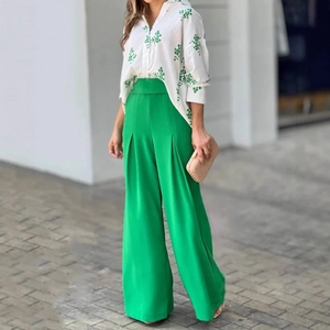 Damen Oberteil Und Unterteil Polyester Bedruckt Botanisch Floral Langarm Hemd Hohe Taille Weite Hose Elegant Pendler Outfit