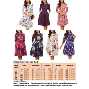 Detailed size chart for the retro print A-line dress with measurements in cm and inches