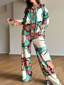 Women's Abstract Floral Print Long Sleeve Button Down Shirt And High Waist Wide Leg Pants Casual Vacation Outfit