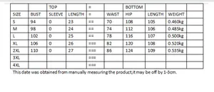 Detailed size chart for women's sexy camisole and wide-leg pant set ranging from S to 2XL