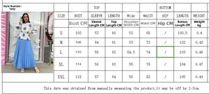 Detailed size guide table for women pleated skirt and top set showing S to XXL measurements
