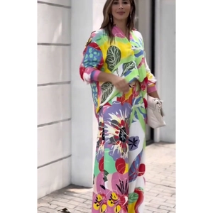Ensemble chemise imprimée à manches longues et pantalon large à taille haute pour femme