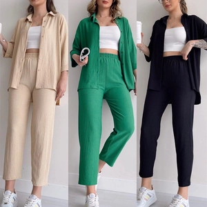 Femmes Décontracté Plissé Top And Bottom Chemise à Manches Longues Et Pantalon Taille Haute Ensemble Pour Automne Quotidien