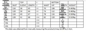 Detailed size guide for top and bottom set with measurements from size S to 4XL