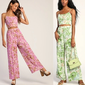Women Sexy Floral Cami Crop Top And High Waist Wide Leg Pants Botanical Print Backless Vacation Outfit Top And Pants
