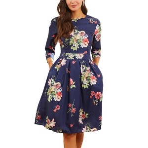 Vintage Floral Print A-Line Midi Dress For Women Round Neck Three-Quarter Sleeve Elegant Office Party Dress With Pockets