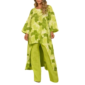 Women's summer two-piece set featuring a floral irregular tunic and green wide-leg pants