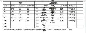 Size chart for V-neck print shirt and wide-leg pants set showing S to 4XL measurements