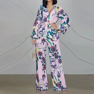 Women Elegant Polyester Floral Printed V-Neck Puff Sleeve Top And High Waist Wide Leg Pants Set Casual Vacation Outfits